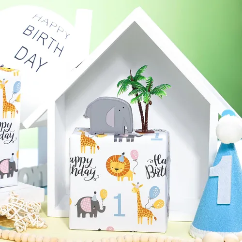 Miniatura 6 de WRAPAHOLIC Papel de regalo de primer cumpleaños, mini rollo, 17 pulgadas x 9.8 pies, bonito papel de regalo de animales para niños, niñas, niños