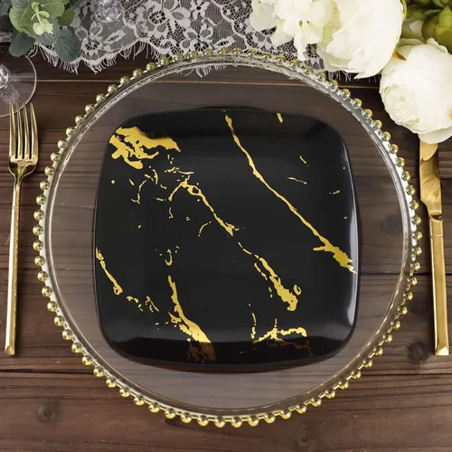 Miniatura 4 de Efavormart - Paquete de 10 platos cuadrados desechables de plástico para ensalada de 8 pulgadas, diseño de mármol negro y dorado, platos de fiesta