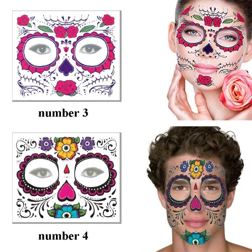 Miniatura 3 de Calcomanías de tatuaje facial de Halloween, tatuajes del Día de los Muertos, calcomanías de transferencia de agua con tela floral roja rosa negra