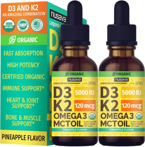 Miniatura 19 de Paquete de 2 gotas orgánicas de vitamina D3 K2 con aceite MCT y Omega 3 - Vitamina líquida D3 5000 UI - Suplemento de vitamina K2 D3 - Gotas