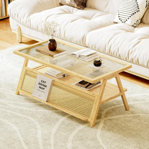 Miniatura 9 de Bamworld - Mesa de centro moderna de mediados de siglo con tapa de vidrio, mesa central de ratán con almacenamiento para sala de estar, color marrón