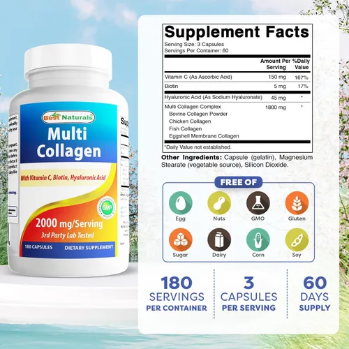 Miniatura 2 de Best Naturals Píldoras de colágeno múltiple de 2000 mg para mujeres y hombres, cápsulas de péptidos de colágeno hidrolizados para cabello, piel