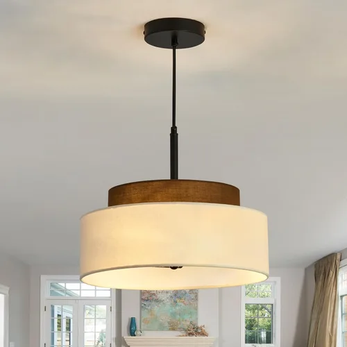 Lámpara colgante de granja de 3 luces, lámpara colgante de tambor de 2 niveles con pantalla de tela de 13 pulgadas, lámpara colgante rústica para