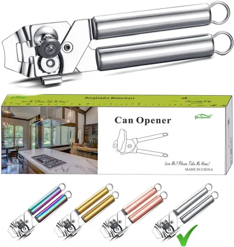 Berglander Abrelatas, abrelatas de acero inoxidable de mano, abrelatas manual de borde liso, resistente 4. plateado
