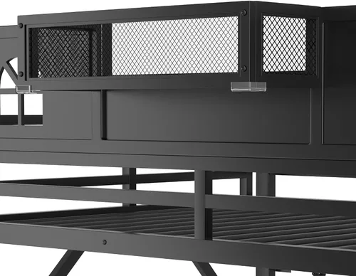 Miniatura 4 de SOFTSEA Cama tipo loft de metal completo con escaleras y armario, cama alta para niños con barandillas en forma de casa y estantes de Negro
