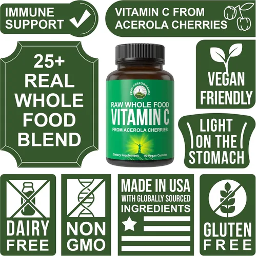 Miniatura 3 de Peak Performance Cápsulas de Vitamina C Natural de Aceituna Entera Cruda de Acerola para Máxima Absorción. Suplemento de Vitamina C Vegano de Origen