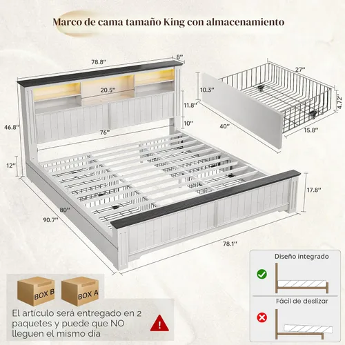 EnHomee Base de cama King y cabecero, marco de cama tamaño King con 4 cajones de almacenamiento, cama King con luces LED y puertos de carga, no