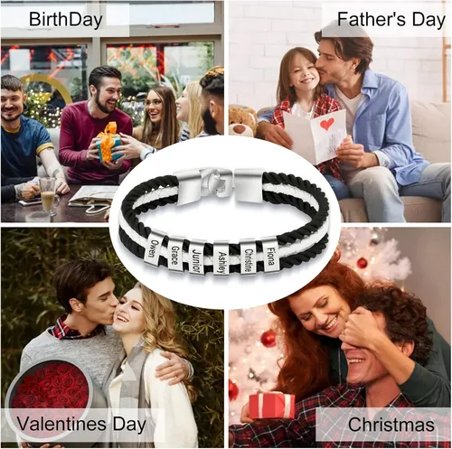 Miniatura 7 de Pulseras de cuero personalizadas para hombre con 1-6 nombres, pulsera trenzada personalizada con cuentas para papá, marido, día del padre, San