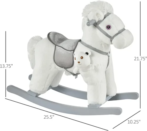 Miniatura 7 de Qaba Caballo Mecedor Montable de Peluche para Niños con Juguete de Oso, Silla para Niños con Juguete de Peluche Suave y Divertidos Sonidos Blanco