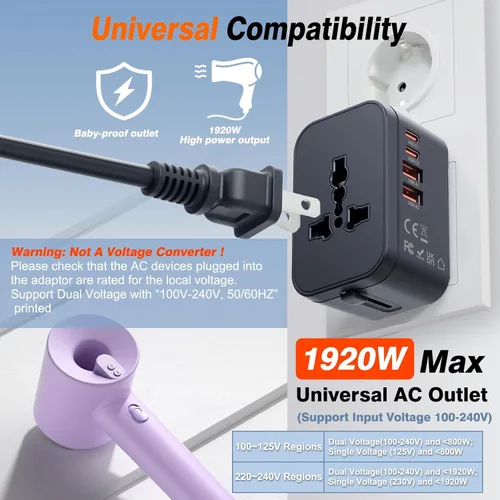 Miniatura 7 de Adaptador de viaje universal cargador rápido, adaptador de enchufe mundial 2 USB C PD3.0 y 2 USB-A carga rápida, todo en uno adaptador de corriente