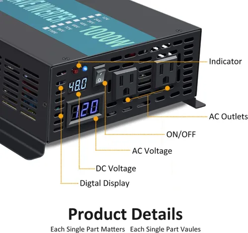 Miniatura 2 de WZRELB Inversor de corriente de onda sinusoidal pura de 1000W 48V 120V con 2 salidas de CA, inversor de coche