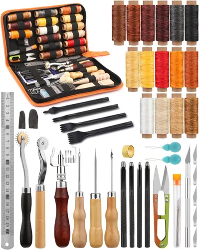 BUTUZE Herramientas de Trabajo de Cuero, Kit Práctico de Artesanía de Cuero con Hilo Encerado, Punzón de Ranuras, Punzón de Costura y Perforador