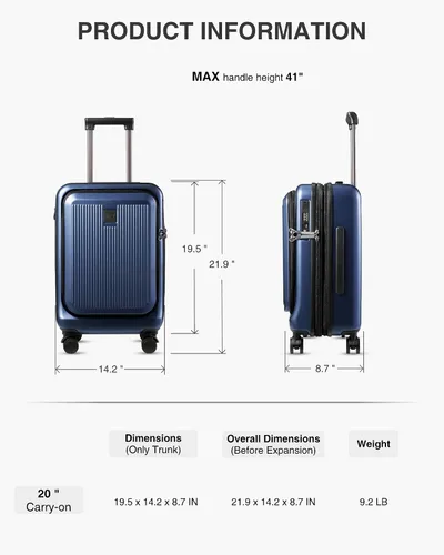 Miniatura 6 de LUGGEX Equipaje de mano con compartimento para laptop, maleta rígida de policarbonato con cargador y puerto USB integrado, equipaje expandible