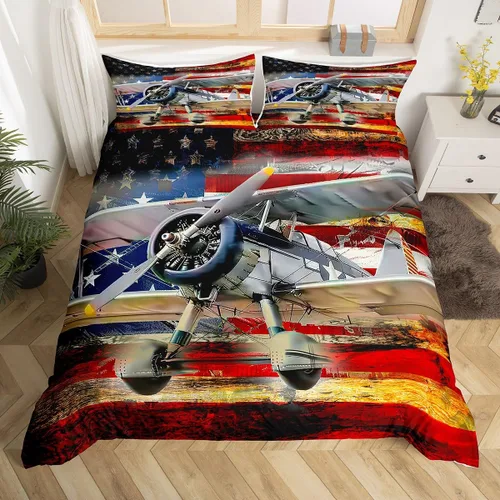 Miniatura 20 de Feelyou Juego de ropa de cama de avión, tamaño individual, para niños, adolescentes, funda de edredón para vuelo, helicóptero, avión volador, azul