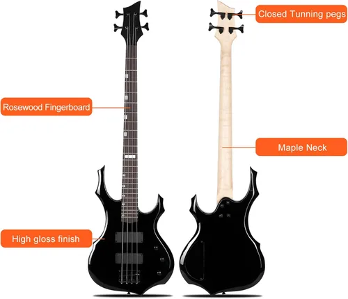 Miniatura 3 de Ktaxon Juego de bajo eléctrico de tamaño completo con diseño de llama con amplificador de 20 W, bolsa de bajo portátil, cable de amplificador Negro