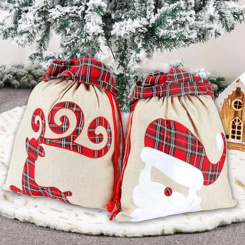 Miniatura 10 de XinblueCo Santa Sack - Paquete de 2 bolsas de lona de Navidad a rayas con cordón, bolsa de regalo personalizada de Navidad, tamaño extra grande