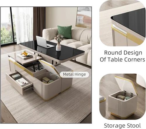 Miniatura 7 de Guyii Mesa de centro elevable con taburetes de almacenamiento, mesa central 3 en 1, altura ajustable, mesa plegable para sala de estar, ahorro