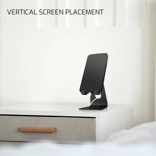 Miniatura 6 de Soporte plegable negro para teléfono celular de aleación de aluminio, soporte de teléfono de metal de mesa con ángulo ajustable por eje giratorio