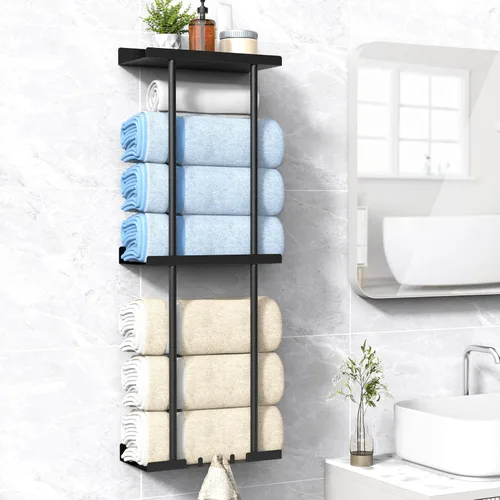 Miniatura 13 de Liuoud Toallero para Baño, Organizador Portador de Almacenamiento de Toallas Enrolladas Vertical Montado en la Pared con Estante, Sostiene Hasta 6