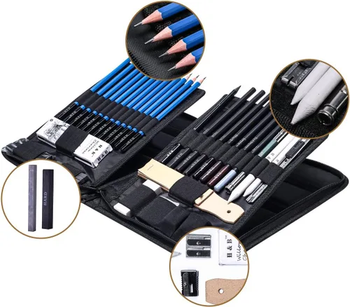 Miniatura 3 de H & B Kit de dibujo profesional de 40 piezas, kit completo de artista, incluye lápices de grafito, pasteles, sacapuntas y borrador