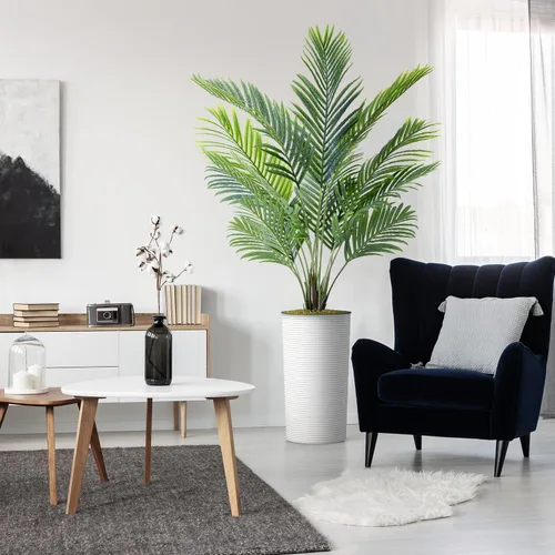 Árbol artificial en macetero minimalista moderno con textura blanca, palmera tropical areca artificial de seda para decoración del hogar en