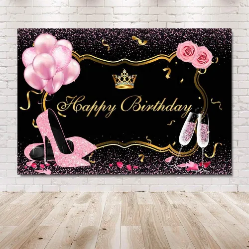 Miniatura 6 de MEHOFOND Fondo de fotos rosa y dorado negro, accesorios de fondo de fotos con purpurina de tacón alto, globos de champán, flores de rosa, corona