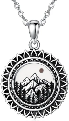 Miniatura 20 de PROESS Collar de plata de ley con colgante de montaña y sol de semilla de mostaza/masónico/brújula para mujeres y hombres, collar con colgante