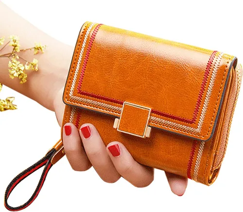 Miniatura 2 de PofeeXIO Cartera de cuero RFID para mujer con tarjetero triple plegable para mujer con correa de muñeca corta para mujer, cartera con múltiples