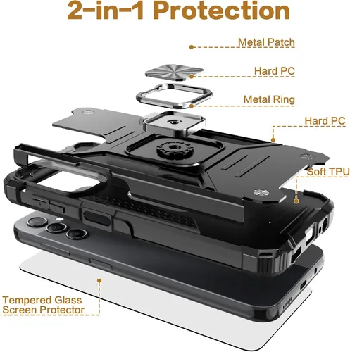Miniatura 3 de Funda para Galaxy A15 con protector de pantalla negro para hombres y niños, cubierta híbrida de prueba de caídas con soporte para tarjeta de montaje