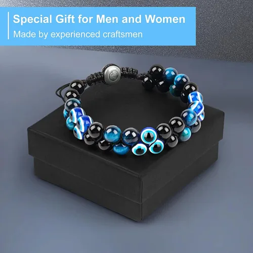 Miniatura 13 de Pulsera de triple protección, ojo de tigre malvado de ojo y obsidiana negra de 0.315 in, pulsera curativa para hombres y mujeres, pulsera curativa