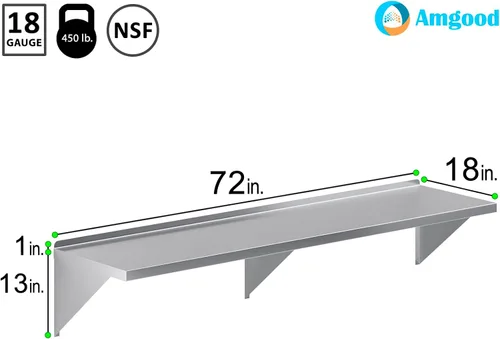 Miniatura 3 de AmGood Estante de pared de acero inoxidable de 18 x 72 pulgadas Estantería de metal para electrodomésticos y equipos Cocina, restaurante
