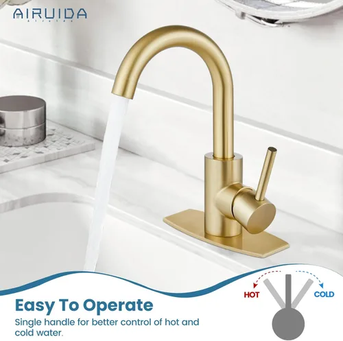 Miniatura 7 de Airuida Grifo de baño de un solo agujero, acero inoxidable giratorio de 360° con drenaje desplegable y placa de cubierta, grifo moderno de barra
