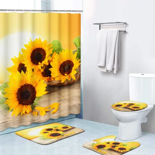 Britimes Juego de cortinas de ducha de 4 piezas, con 12 ganchos, girasol de sol de verano con alfombras antideslizantes, cubierta de tapa de inodoro