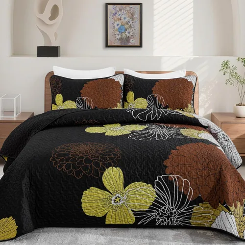 Miniatura 11 de Juego de edredón de 3 piezas con patrón floral azul marino, tamaño Queen, juego de ropa de cama reversible de microfibra con patrón de flores