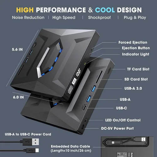 Miniatura 6 de ROOFULL Unidad externa de CD DVD USB 3.0 y USB-C, quemador de CD ROM, reproductor de DVD con USB Hub y lector de tarjeta SD, unidad óptica portátil