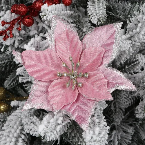Miniatura 14 de YYCRAFT 12 flores artificiales de seda brillante con purpurina para decoración de árbol de Navidad (plata, 8 pulgadas)