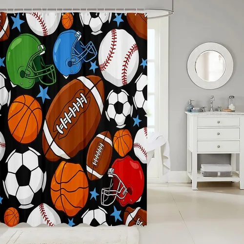 Miniatura 2 de Feelyou Cortina de ducha de fútbol para decoración de baño, básquetbol, deportes, cortina de baño, accesorios de baño, béisbol negro, tela