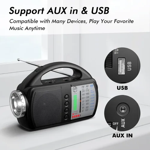 Miniatura 7 de Radio meteorológica AM FM NOAA, radio de emergencia portátil con linterna, Bluetooth 5.0, USB, entrada auxiliar alimentada por batería recargable