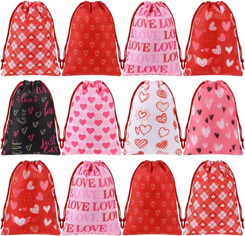 Honoson 24 bolsas de regalo de San Valentín, estampado de corazón multicolor, bolsas de regalo con cordón para dulces, aperitivos nupciales,