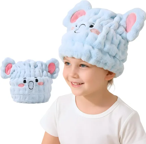 Toalla de microfibra para el pelo para niños, gorro seco de elefante azul, absorbe agua, absorbente y rápido, toalla de secado rápido para niñas y