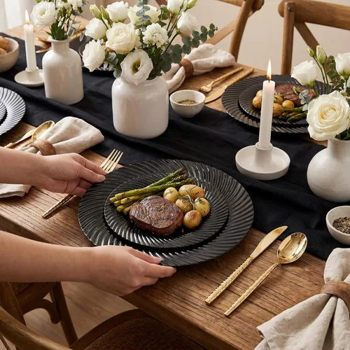 Miniatura 4 de WELLIFE 100Pcs Black Plastic Plates For Party, Black Disposable Plates Include 50 Dessert Plates and 50 Dinner Plates For Wedding, Birthday