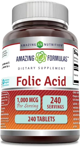 Amazing Formulas ácido fólico 1000 Mcg (1 mg) | Suplemento de 240 tabletas | Vitamina B9 | Sin OMG | Sin gluten | Fabricado en Estados Unidos