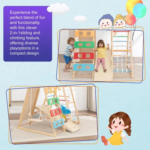 Miniatura 6 de Juego de gimnasio y parque infantil 9 en 1, juguete de escalada de madera con tobogán, columpio, red de escalada, anillos – Juego para niños