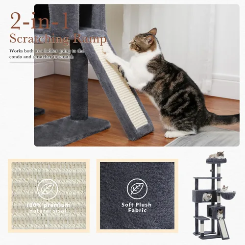Miniatura 2 de PAWZ Road Árbol para gatos, torre para gatos de 60 pulgadas con condominios dobles, perca espaciosa, cesta acogedora y postes rascadores cubiertos