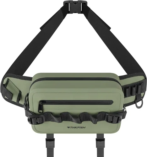 THKFISH Riñonera de pesca impermeable con soporte para caña de pescar, cierre hermético con cremallera, bolsa ligera para pesca con mosca Verde
