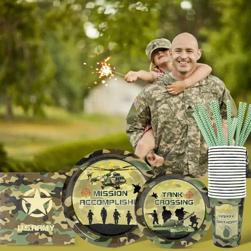 Miniatura 3 de Recheel Suministros para fiesta temática del Ejército de cumpleaños, juego de platos y servilletas de papel con temática de camuflaje para 24 Militar