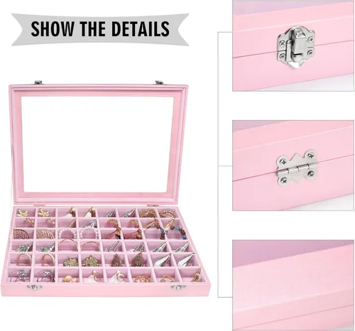 Miniatura 4 de Bandeja organizadora para joyas, caja organizadora de 48 rejillas para joyas, caja organizadora con tapa transparente, anillos, aretes, collares