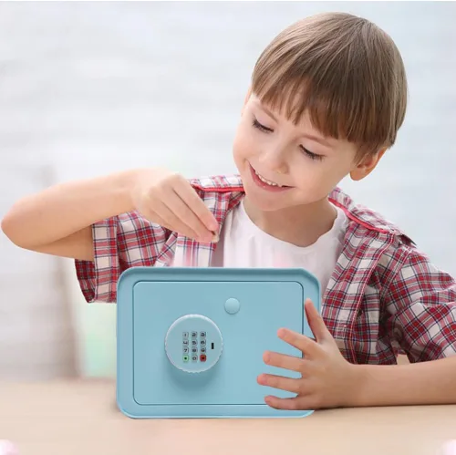 Miniatura 6 de Mini caja de seguridad pequeña para niños, alcancía para niños y niñas, caja fuerte azul con llave