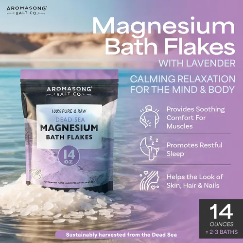 Miniatura 2 de Aromasong Copos de baño de magnesio RAW con lavanda 100% natural, 14 onzas. Sales orgánicas relajantes musculares Mg cloruro, sal mineral remojada.