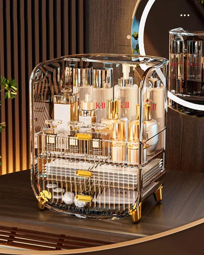 Organizador de maquillaje, organizador de maquillaje de cosméticos de gran capacidad para tocador, a prueba de polvo, impermeable, vitrina de
